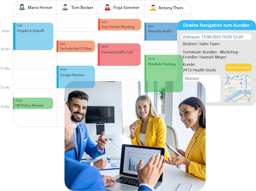 Kalenderansicht mit Meetings und Teammitgliedern als Beispiel für Planung in einer Personaleinsatzplanung Software.