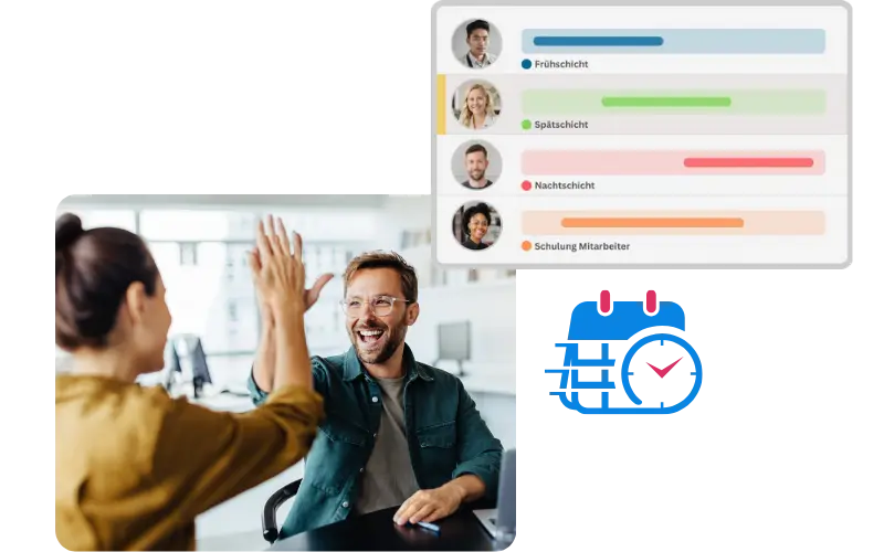 Zwei Mitarbeitende geben sich im Büro ein High-Five neben einer digitalen Übersicht für Schichtplanung in einer Personaleinsatzplanung Software.