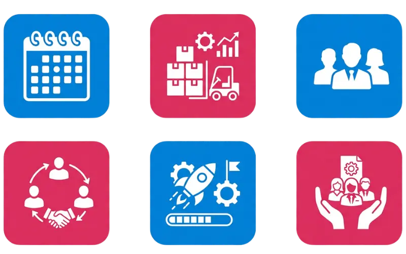 Symbolgrafiken für Planung, Ressourcenmanagement und Teamarbeit in einer Personaleinsatzplanung Software.