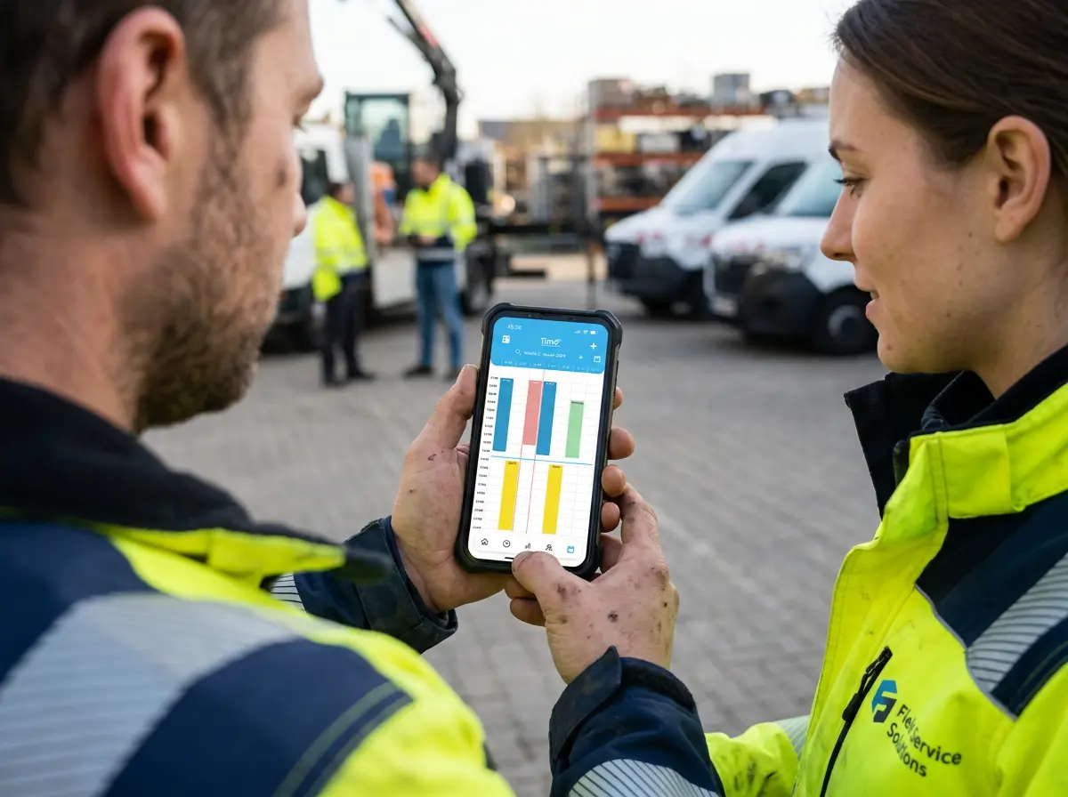 Zwei Servicetechniker prüfen auf einem Smartphone Daten aus einer Personaleinsatzplanung Software im Außendienst.