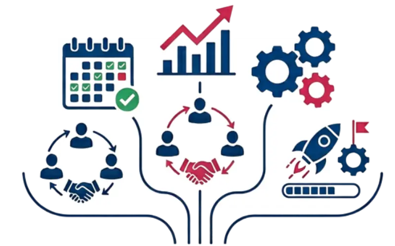Infografik mit Kalender, Team, Zahnrädern und Diagrammen zur Darstellung von Prozessen einer Personaleinsatzplanung Software.