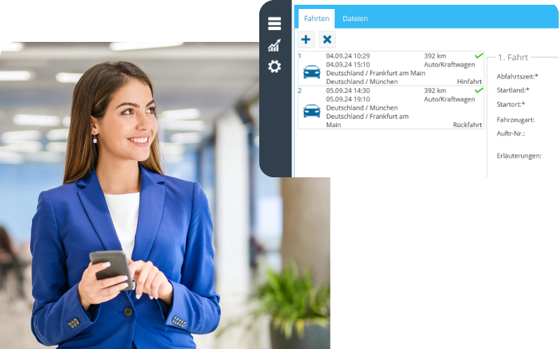Mitarbeiterin nutzt ihr Smartphone, während eine Reisekostenabrechnung Software Fahrtdaten und Kilometer erfasst.