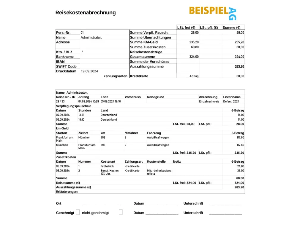 Dokumentansicht einer Reisekostenabrechnung Software mit Übersicht zu Reisekosten, Vorschüssen und Auszahlungssumme.