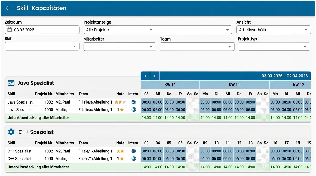 Software-Dashboard zur Übersicht von Skill-Kapazitäten und Mitarbeitereinsatz in einer Personaleinsatzplanung Software.