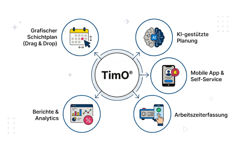 Infografik einer Dienstplan Software, die Funktionen wie Drag-and-Drop-Schichtplanung, Analysen, mobile Nutzung und Arbeitszeiterfassung zeigt.