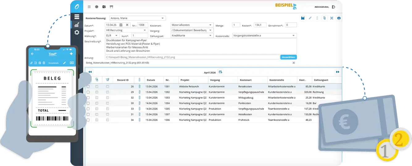 Spesenmanagement Software zeigt digitale Belegerfassung per Smartphone mit automatischer Übertragung in eine Projektkostenübersicht.