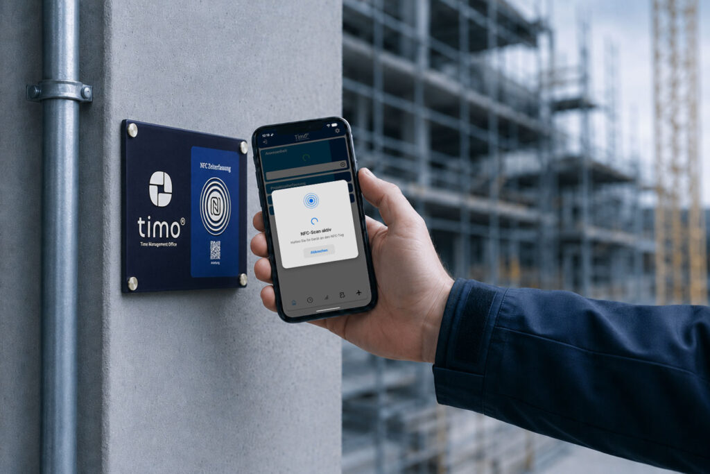 Digitale NFC Zeiterfassung mit Smartphone und NFC-Tag für die Arbeitszeiterfassung im Außeneinsatz.