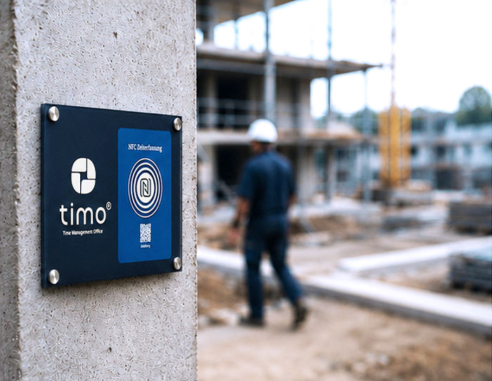Montiertes NFC-Terminal zur digitalen Zeiterfassung auf einer Baustelle mit Bauarbeiter im Hintergrund.