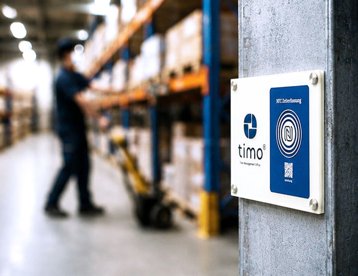 NFC Zeiterfassung im Technikraum mit NFC-Tag zur digitalen Arbeitszeiterfassung.