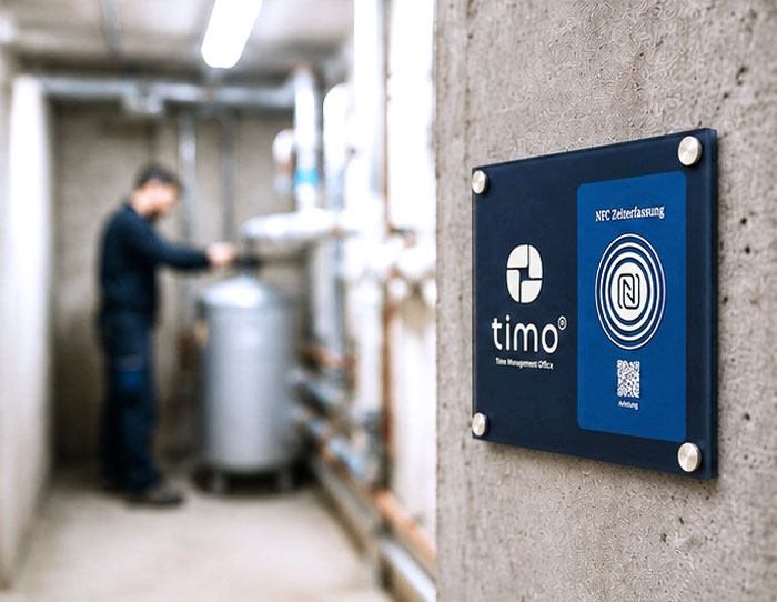 NFC Zeiterfassung in einer Lagerhalle mit NFC-Tag für die mobile Zeiterfassung von Mitarbeitern.