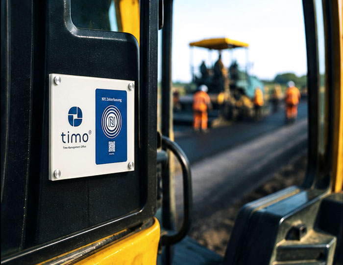 NFC Zeiterfassung in einem Technikraum mit montiertem Scanpunkt und Mitarbeiter im Hintergrund.