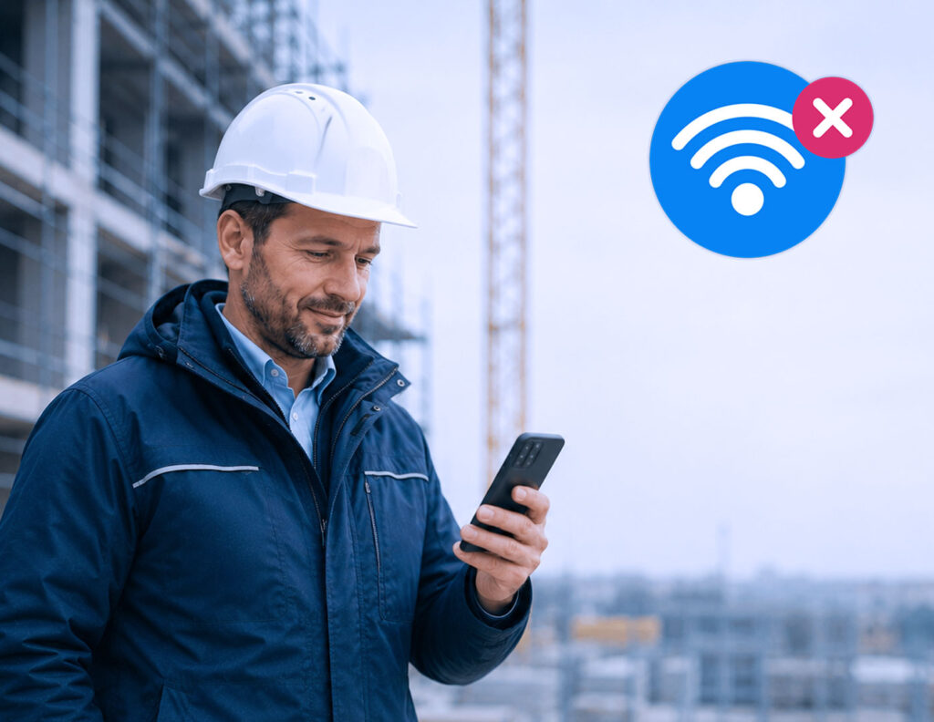 Mitarbeiter auf Baustelle verwendet NFC Zeiterfassung mobil und unabhängig vom WLAN-Netz.