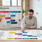 Team bespricht gemeinsam einen Ressourcenplan mit Projektzeitlinien und Kapazitäten in einem modernen Besprechungsraum zur Ressourcenplanung.