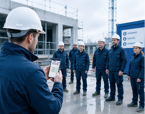 Projektleiter der auf seinem Smartphone die Team-Zeiterfassung nutzt, um die Arbeitszeiten seiner Mitarbeiter auf einer Baustelle zu dokumentieren