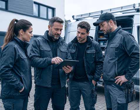 Projektleiter startet auf seinem Tablet die Arbeitszeit für seine Service und Montage Mitarbeiter