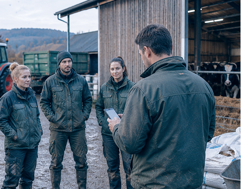 Landwirt der auf seinem Smartphone die Arbeitszeiten seines Teams erfasst