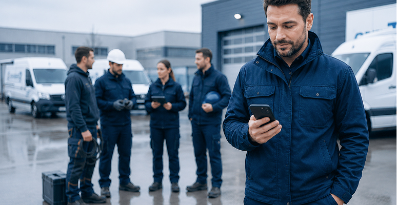 Servicetechniker nutzt ein Smartphone zur mobilen Zeiterfassung, während Kollegen vor Firmenfahrzeugen stehen.
