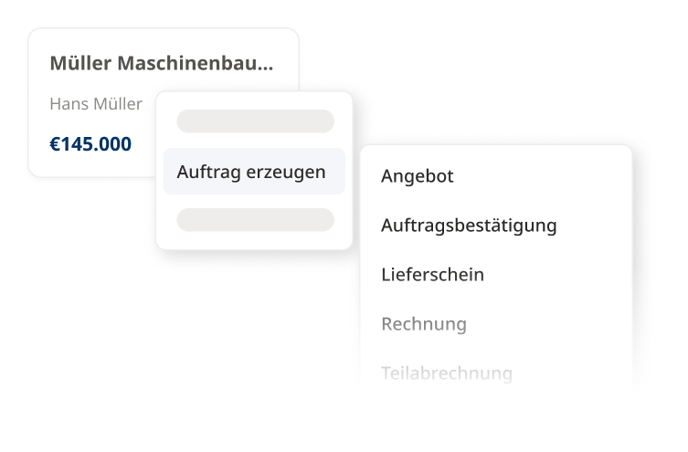 CRM Software zeigt bei einer Opportunity das Menü Auftrag erzeugen mit den Dokumentoptionen Angebot, Auftragsbestätigung, Lieferschein und Rechnung.