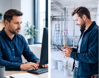 Handwerker erfasst seine Arbeitszeiten in der TimO® App und wertet sie im Büro aus