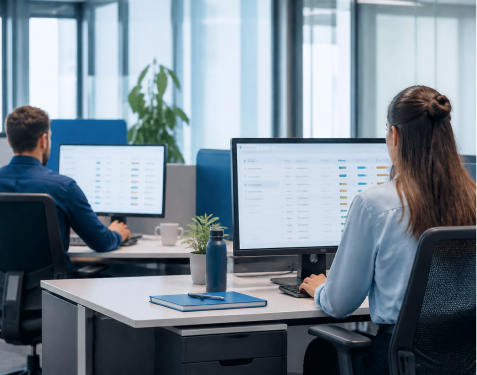 Mitarbeiter arbeiten in einem Großraumbüro an einem Monitor mit tabellarischer Übersicht.