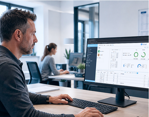 Mitarbeiter nutzt ein Zeiterfassungssystem am Desktop-PC zur Verwaltung und Auswertung von Arbeitszeiten.