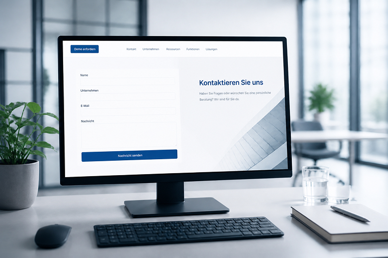 Kontaktformular auf einem Desktop-Bildschirm mit Eingabefeldern für Name, Unternehmen, E-Mail und Nachricht.