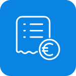Blaues Icon eines Belegs mit Euro-Symbol für die Erfassung und Abrechnung von Projektkosten.
