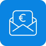 Blaues Icon eines Briefumschlags mit Euro-Symbol für den Versand einer Rechnung.