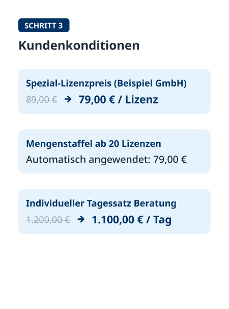 CRM Software zeigt individuelle Kundenkonditionen mit Sonderpreis für Lizenzen, Mengenstaffel und reduziertem Beratungstagessatz.