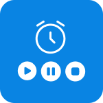 Blaues Stoppuhr-Icon mit Start-, Pause- und Stopp-Tasten für die Zeiterfassung.