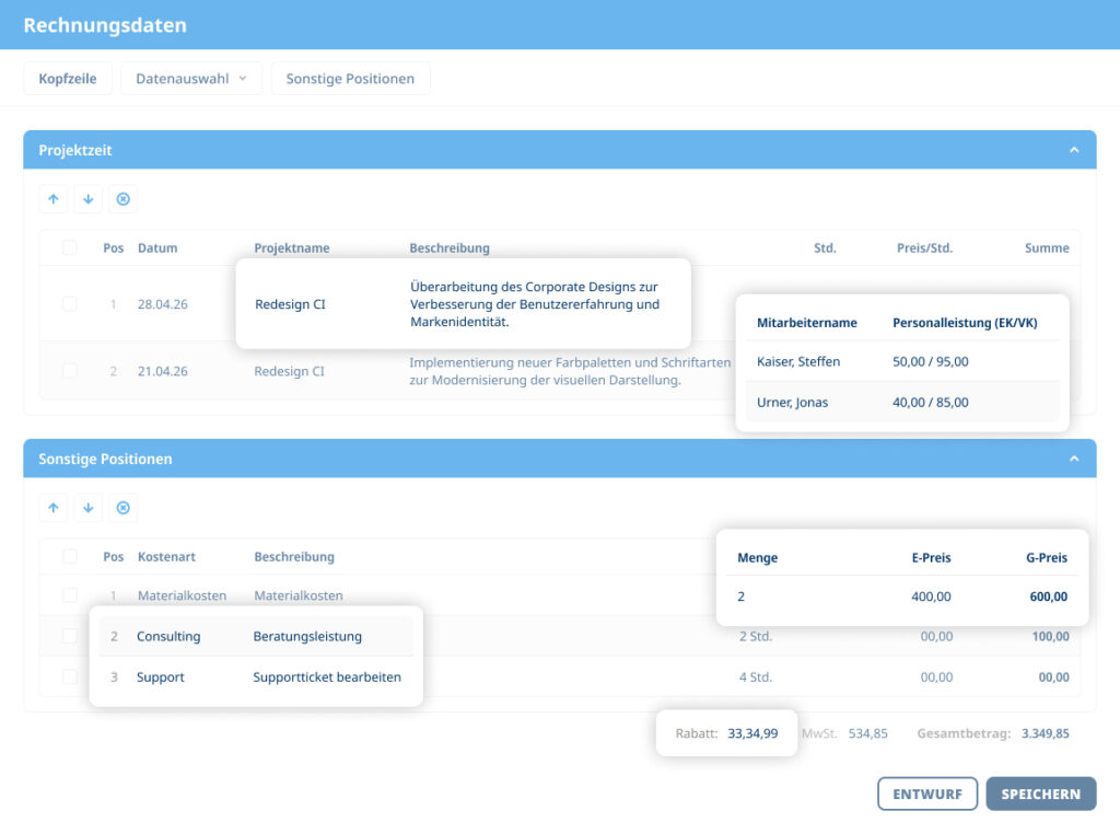 Projektabrechnung Software wandelt erfasste Projektzeiten für die Faktura in Personentage oder abrechenbare Stunden um.