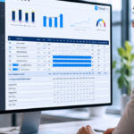 Mitarbeiterin nutzt CRM Software am Arbeitsplatz zur Auswertung von Kennzahlen und projektbezogenen Daten.