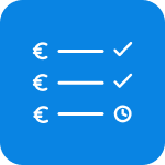 Blaues Icon einer Liste mit Eurozeichen und Statussymbolen für die Übersicht bezahlter und offener Rechnungen.