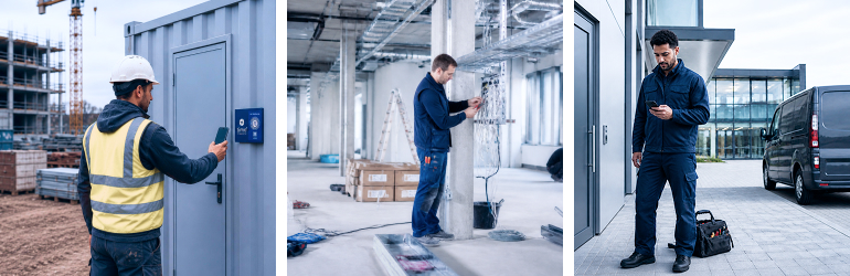 Digitale Zeiterfassung im Handwerk mit einem Mitarbeiter am NFC Buchungspunkt und zwei weiteren bei der mobilen Arbeitszeiterfassung.