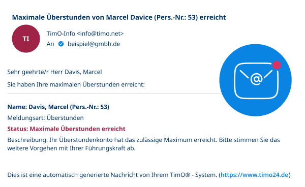 Automatische E-Mail aus der Zeiterfassungssoftware informiert einen Mitarbeiter über das Erreichen seiner maximalen Überstunden.