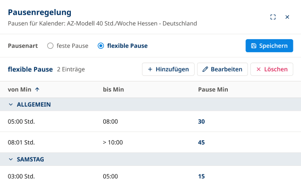Einstellungen für flexible Pausen in einer Zeiterfassungssoftware mit unterschiedlichen Pausenzeiten für Werktage und Samstag.